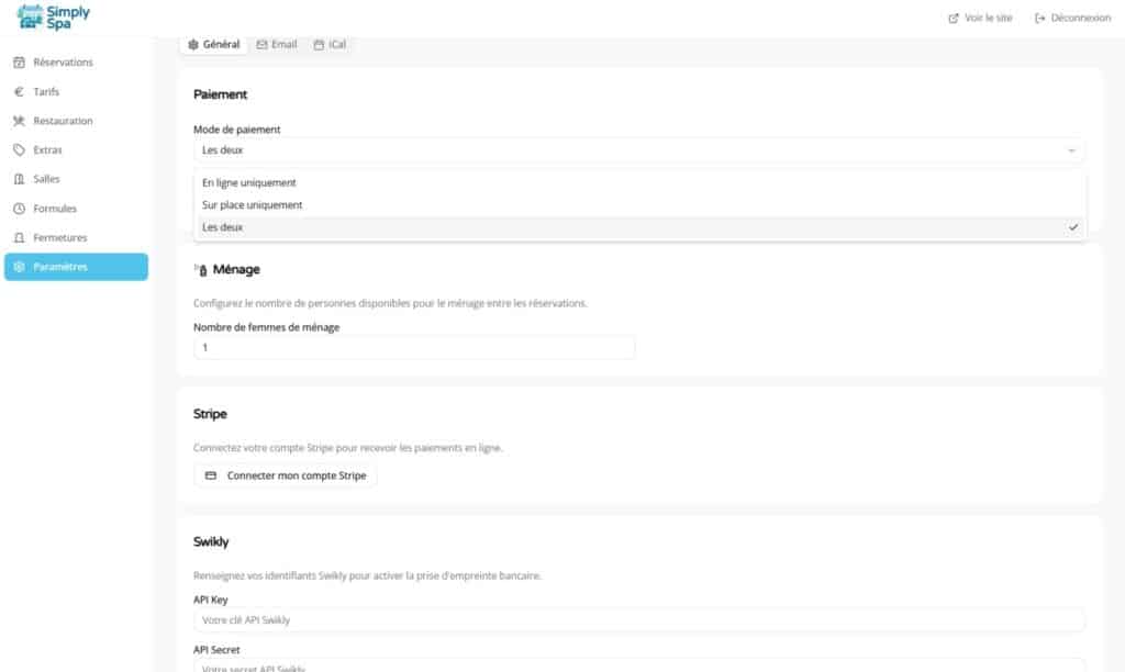 Configurer un paiement en ligne ou avec emprunte bancaire grace a Simply Spa pour votre spa privatif et love room