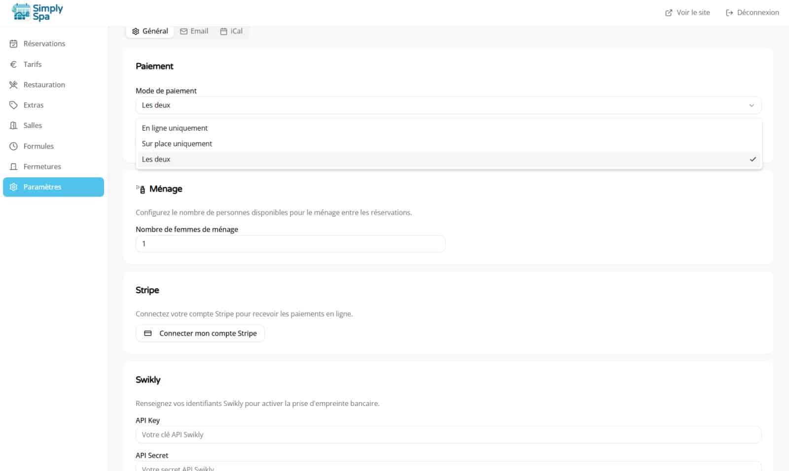 Configurer un paiement en ligne ou avec emprunte bancaire grace a Simply Spa pour votre spa privatif et love room