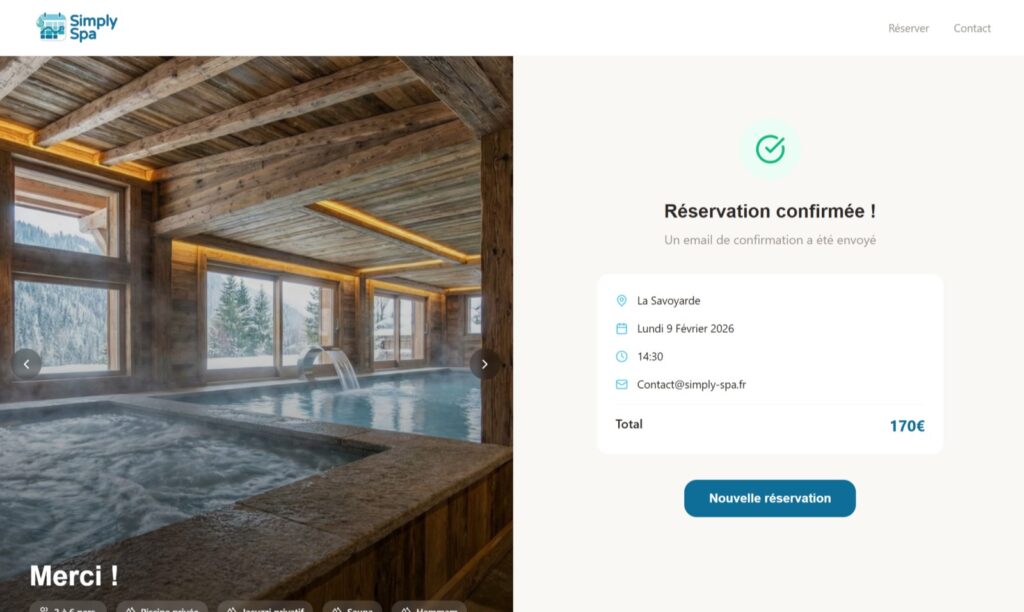 Confirmation de reservation de suite avec Simply Spa logiciel de reservation