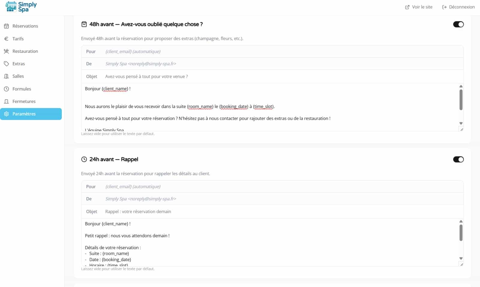 Emails de rappels automatiques avec le logiciel de reservation Simply Spa pour spa privatif et love room 1