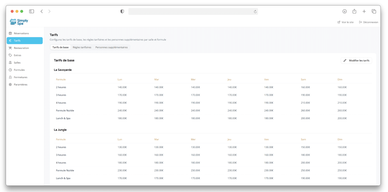 Gerez parfaitement votre tarification grace a la plateforme Simply Spa