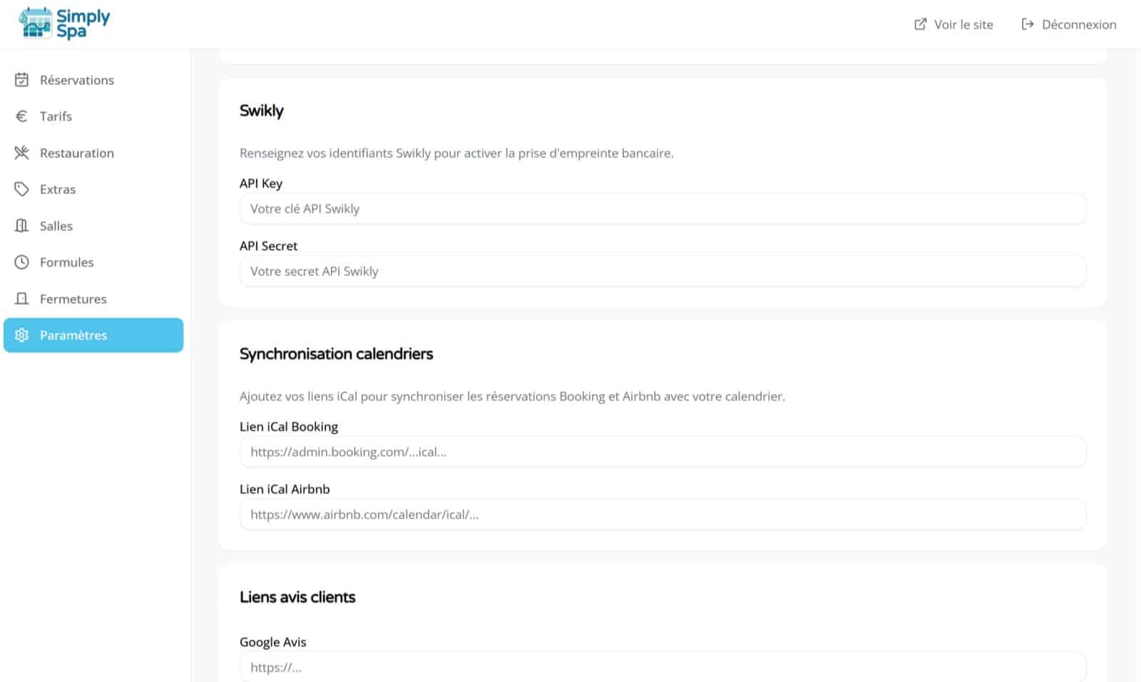 Synchronisation entre le logiciel de reservation Simply Spa et les autres plateformes