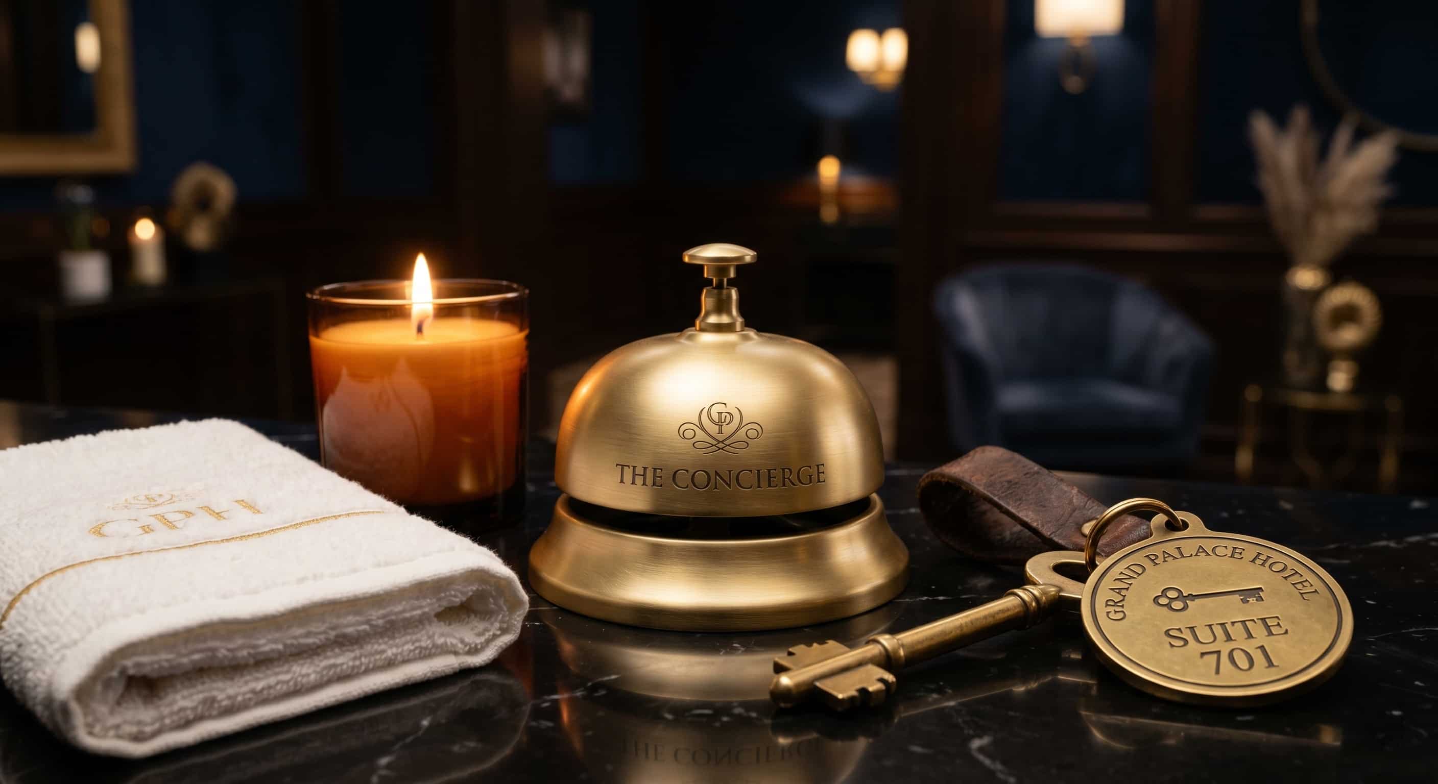 Hôtel, Spa, Thalasso, Love Room : Faut-il encore investir dans le SEO en 2026 ? L'heure de vérité. 1 Clé de suite et sonnette de réception luxueuse symbolisant l'augmentation des réservations directes grâce au SEO local pour spa privatif