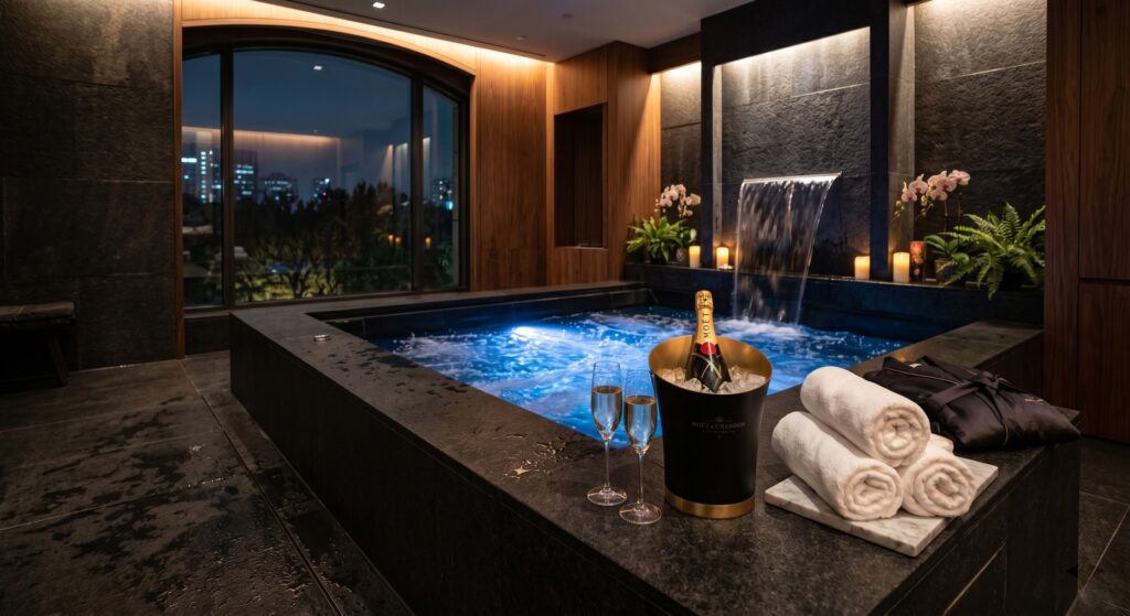 Jacuzzi privatif haut de gamme en pierre noire avec champagne, illustrant une offre last-minute premium sans réduction de prix-clean