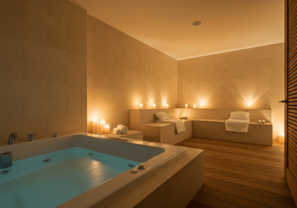 Suite spa luxueuse intimiste éclairée à la lumière chaleureuse, jacuzzi fumant et bougies