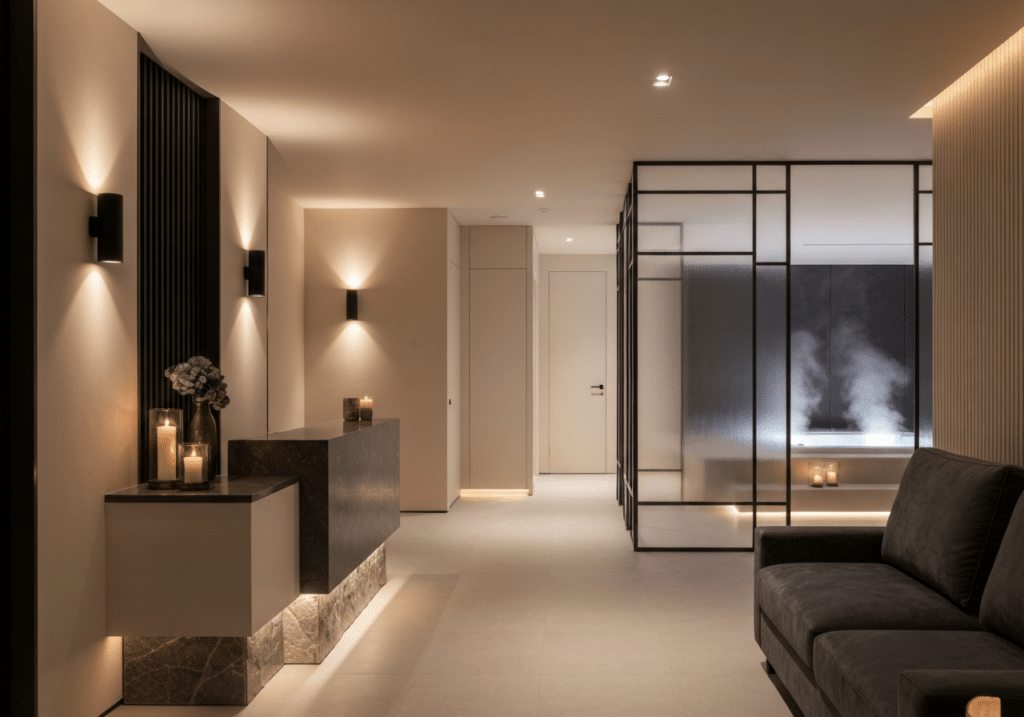 Entrée spa de luxe avec éclairage tamisé chaud, espace accueil épuré et élégant