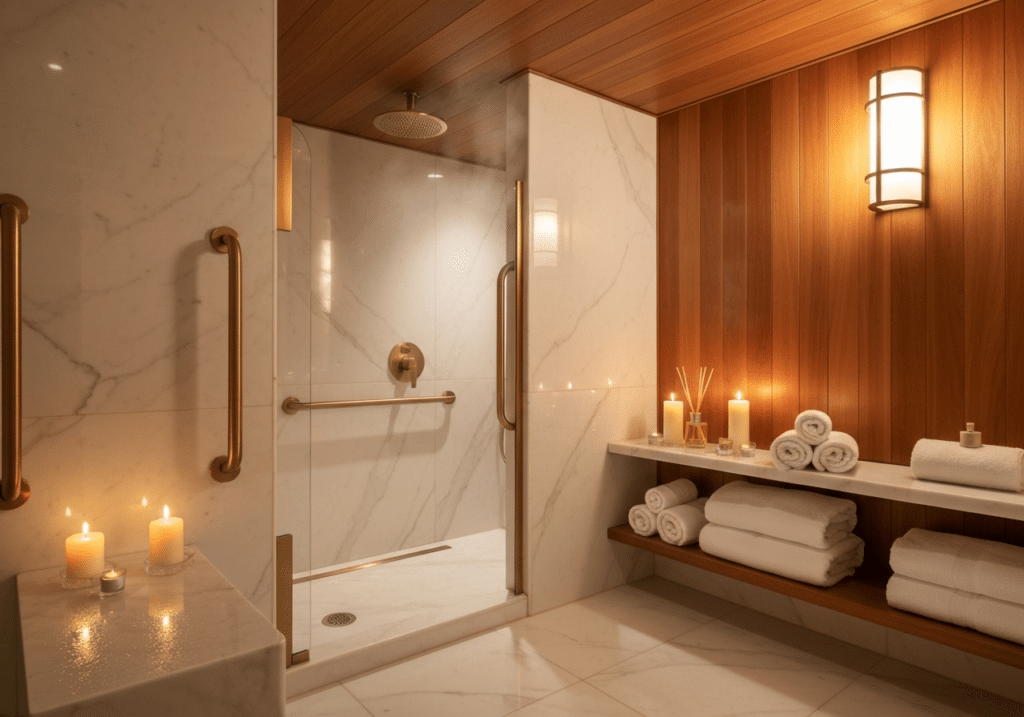 Suite spa privatif accessible avec douche ergonomique, éclairage tamisé chaud et matières premium