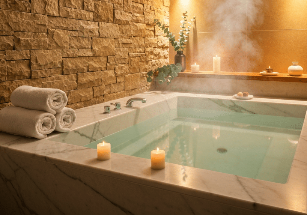 Suite spa privatif haut de gamme avec baignoire balnéo fumante, bougies, serviettes blanches et éclairage chaud.