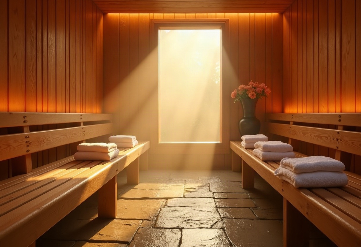 DPE et passoires thermiques en meublé de tourisme : l'audit sans filtre pour les spas privatifs et love rooms en 2026 1 Intérieur de hammam premium en bois clair baigné de vapeur chaude et lumière dorée