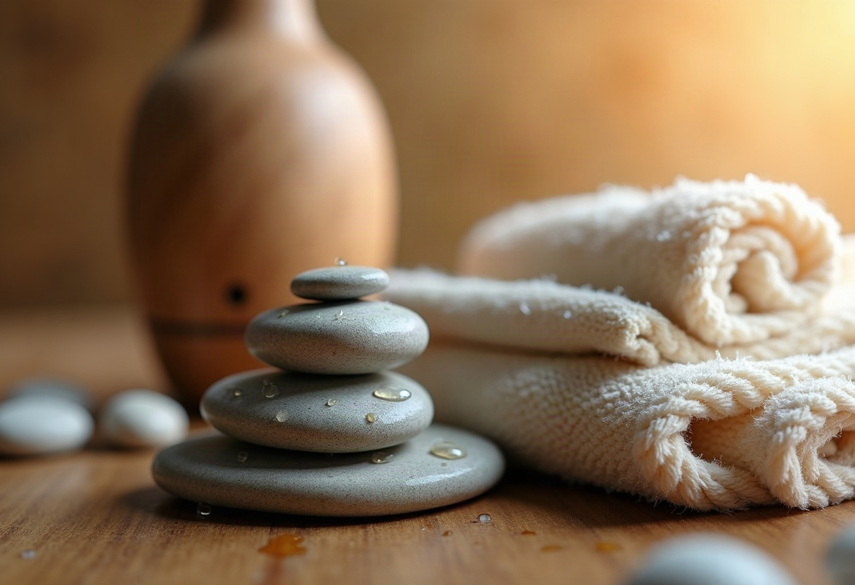 DPE et passoires thermiques en meublé de tourisme : l'audit sans filtre pour les spas privatifs et love rooms en 2026 2 Détails tactiles spa : galets lisses mouillés, lin crème et diffuseur bois en lumière chaleureuse