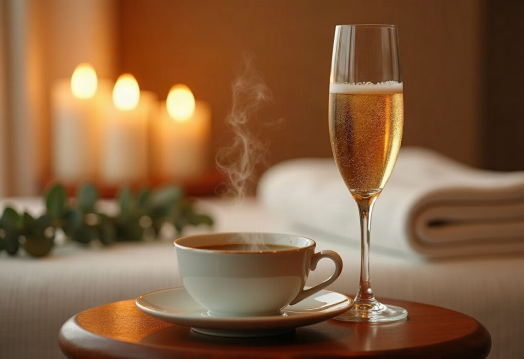 Champagne et infusion bien-être servies dans une suite spa premium, éclairage doré chaleureux Champagne et infusion bien-être servies dans une suite spa premium, éclairage doré chaleureux