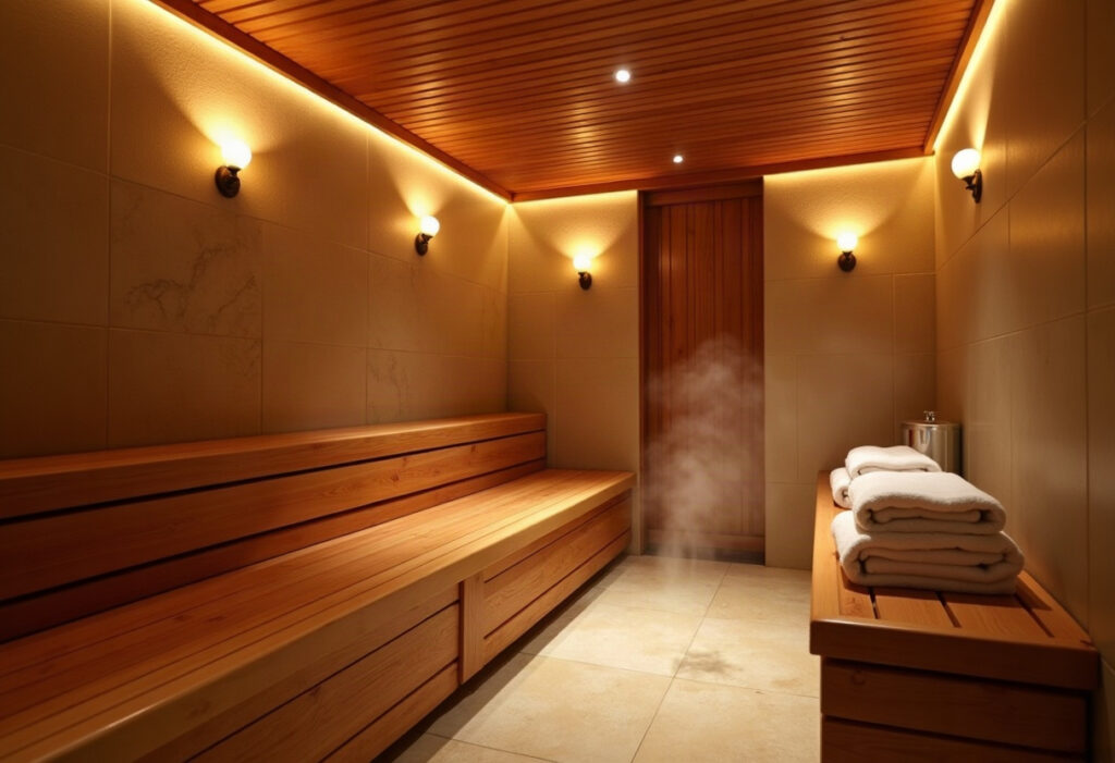 Intérieur de hammam spa luxueux avec bois de cèdre, lumière dorée chaleureuse et vapeur délicate Intérieur de hammam spa luxueux avec bois de cèdre, lumière dorée chaleureuse et vapeur délicate