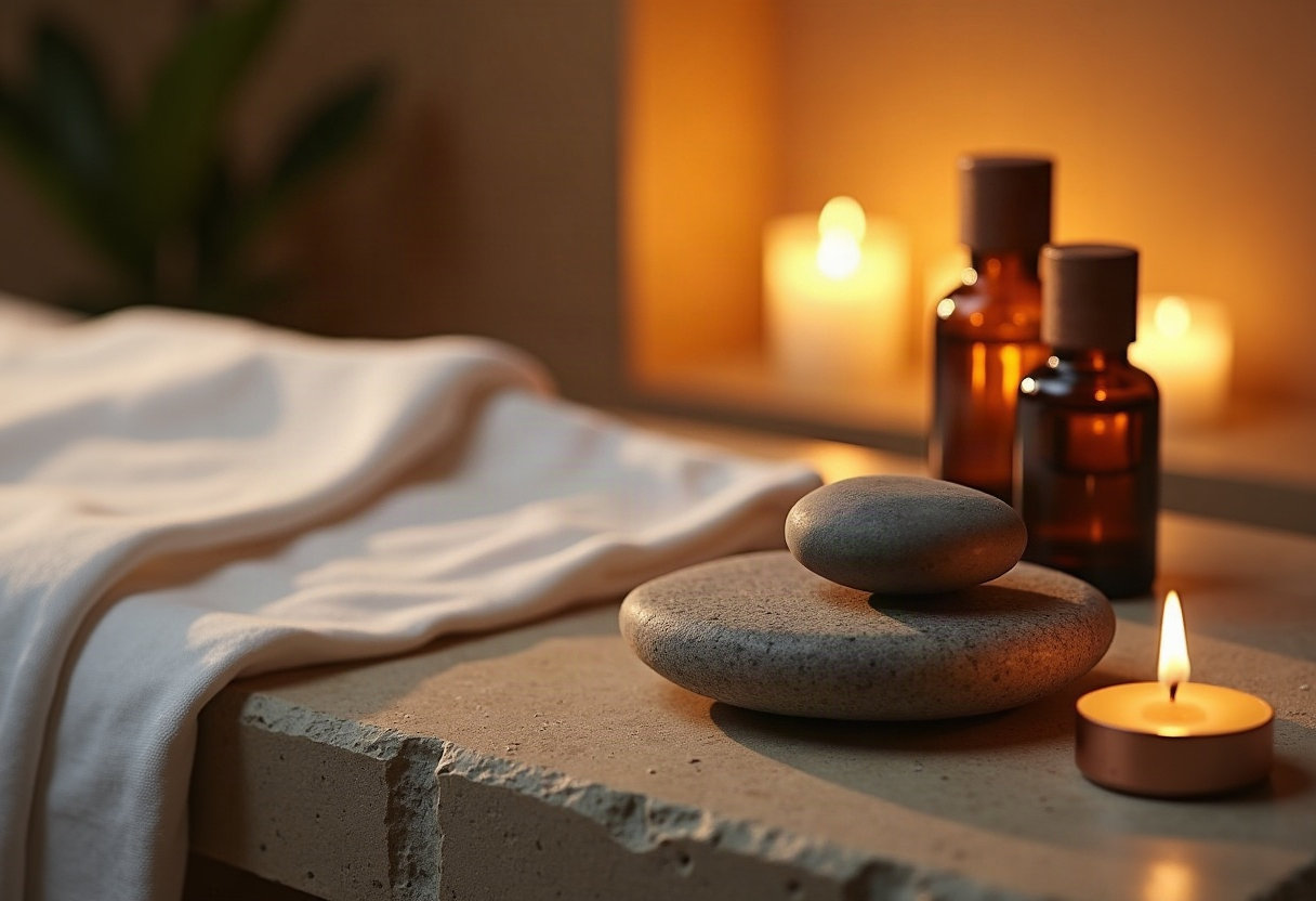 Channel Manager et synchronisation multi-OTA : les 5 questions techniques à poser avant de signer 2 Plan rapproché d'une table de massage en pierre naturelle, linges blancs et accessoires de soin haut de gamme