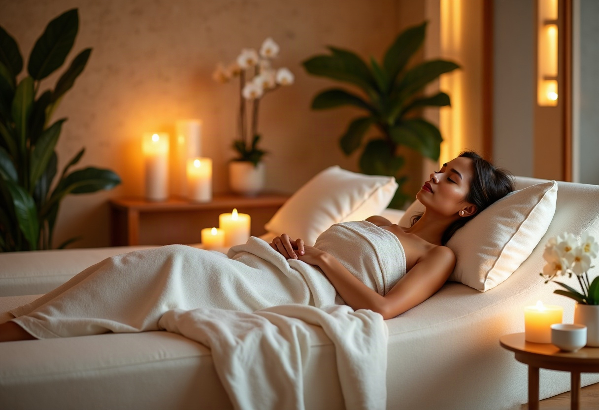 Télétravail nomade et workation bien-être : structurer une offre semaine rentable sans sacrifier vos week-ends premium 1 Espace de détente spa luxe avec méridienne confortable, lumière dorée chaleureuse et ambiance sereine de bien-être premium