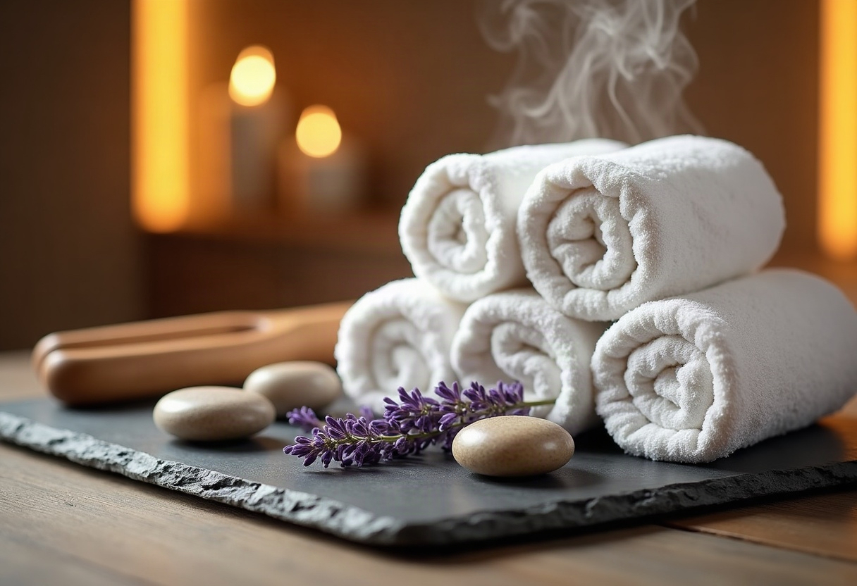 Télétravail nomade et workation bien-être : structurer une offre semaine rentable sans sacrifier vos week-ends premium 2 Détails texturés spa : serviettes blanches, pierres naturelles, lavande et vapeur sous lumière dorée chaleureuse