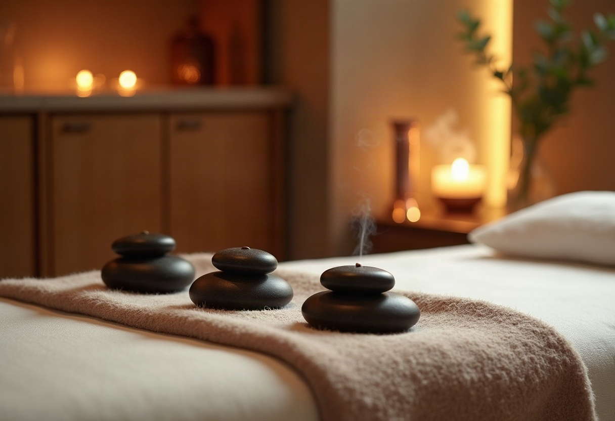 Espace relaxation spa post-effort avec pierres chauffantes, linges blancs et aromathérapie apaisante.