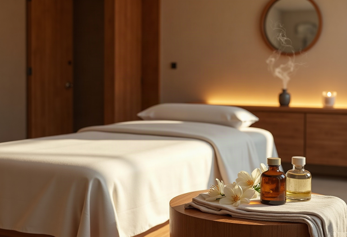 Micro-séjour wellness : comment concevoir et vendre un programme de 3 heures aussi rentable qu'une nuitée complète 2 Cabine de soins spa premium avec lit de massage blanc, bois naturel, diffuseur aromatique et lumière tamisée dorée.