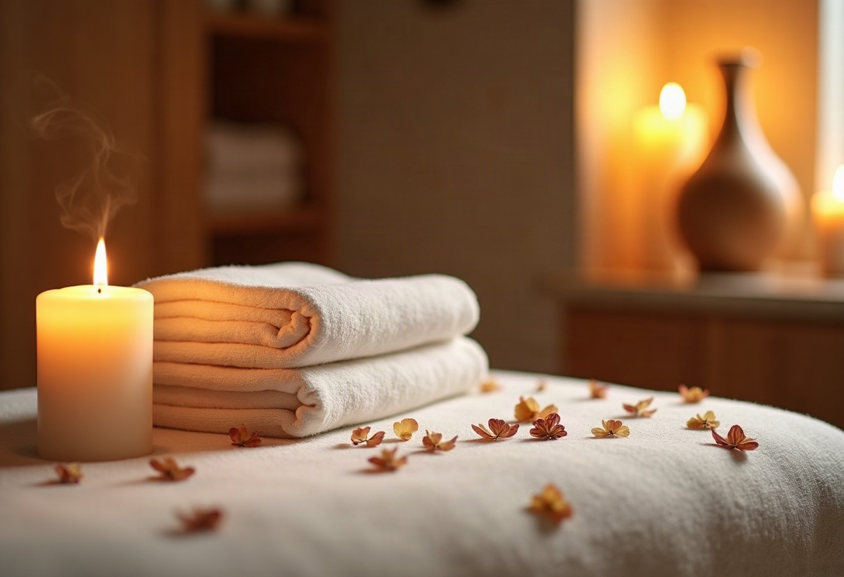 Logiciel de réservation spa et institut de beauté : pourquoi les agendas généralistes (Planity, Treatwell, Booksy) ne suffisent plus quand on monte en gamme 2 Détail chambre de soin spa avec lin blanc, bougies, pétales et diffuseur d'huiles essentielles