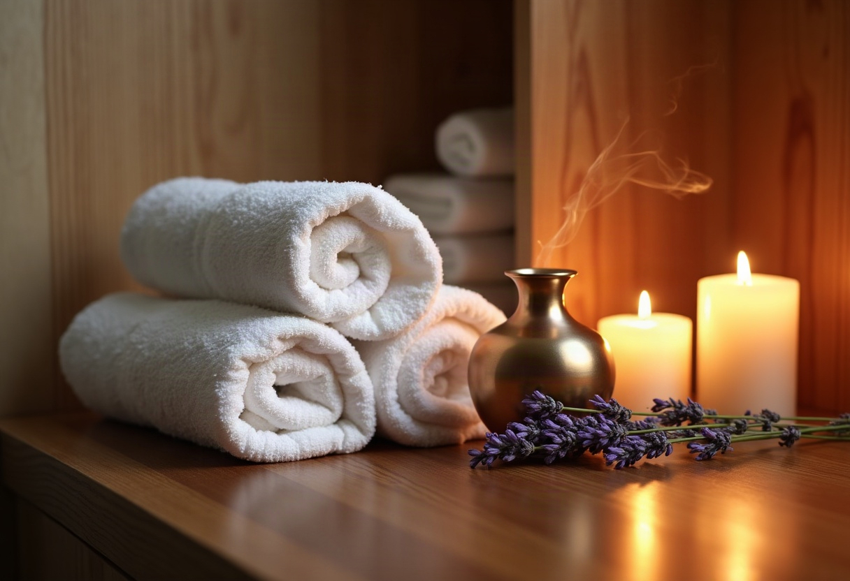 Convention collective HCR et recrutement en spa : ce que la revalorisation du SMIC au 1er juin 2026 change pour vos fiches de paie et votre planning 2 Détail d'un espace de soin spa avec serviettes blanches, diffuseur aromathérapie et lumière chaude.