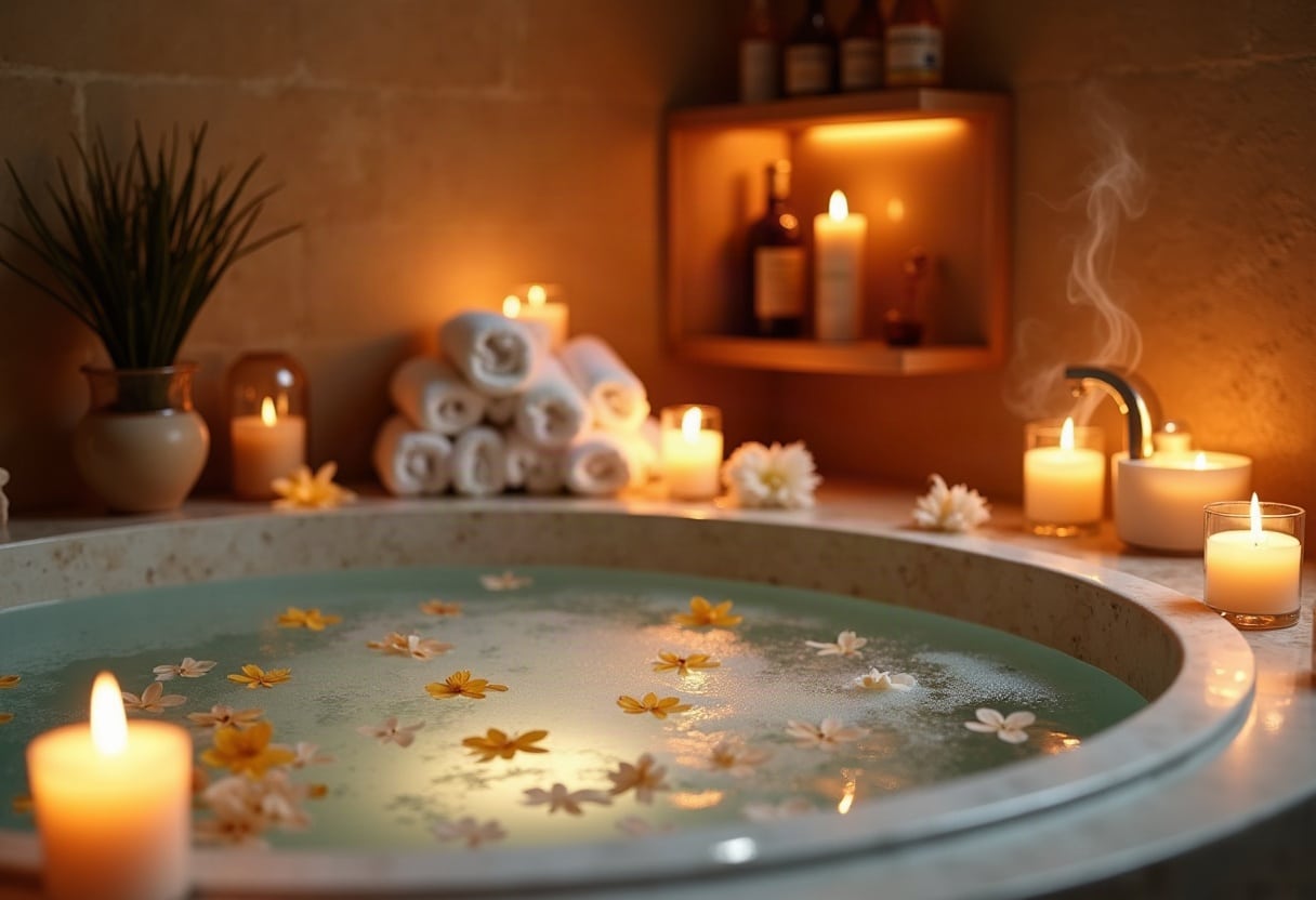 Suite spa privative haut de gamme avec baignoire balnéo éclairée aux bougies, pétales et vapeur apaisante