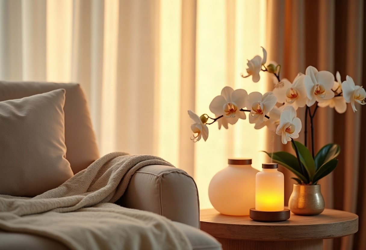 Détails texturés d'une zone de relaxation spa : textiles naturels, bougie dorée et diffuseur d'aromathérapie
