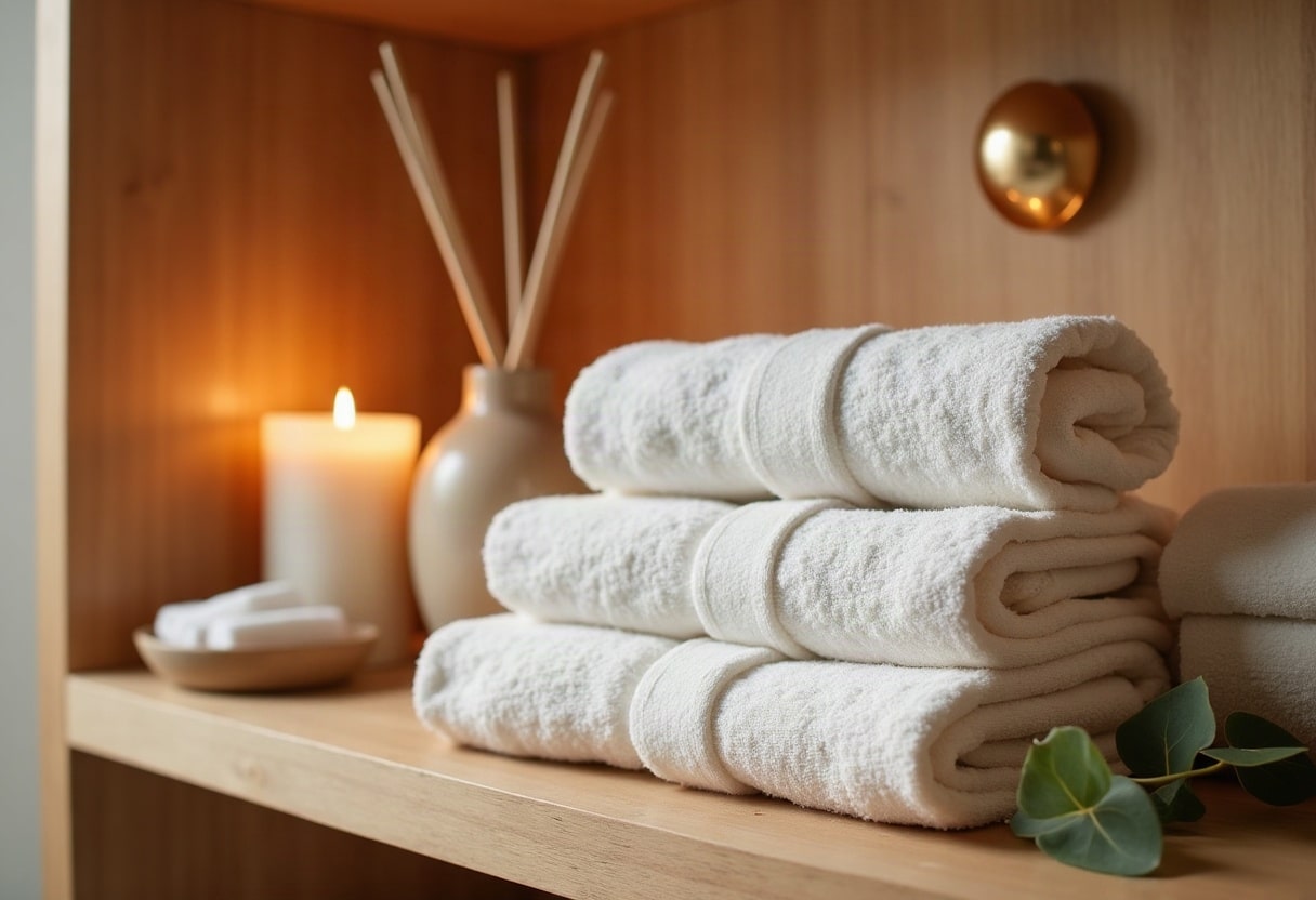 Rolled white towels, candles and aromatherapy diffuser in warm spa lighting detail