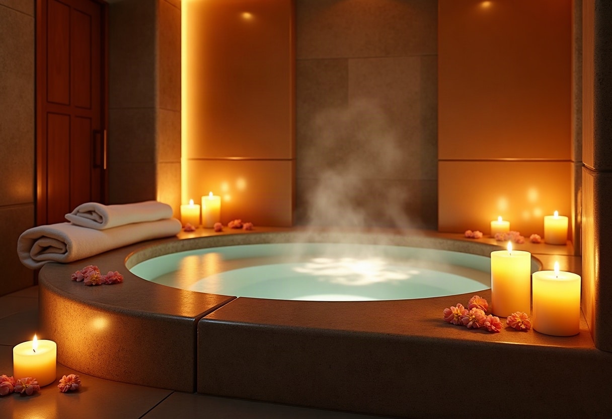 Suite spa privée avec baignoire immergée entourée de bougies dorées, vapeur légère et ambiance tamisée.