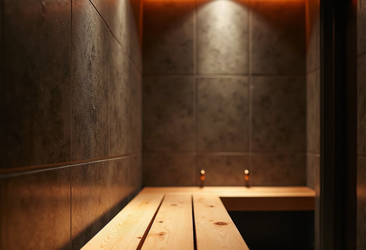 Détail de hammam premium avec pierre lisse, bois naturel et lumière chaude, atmosphère thermale apaisante.