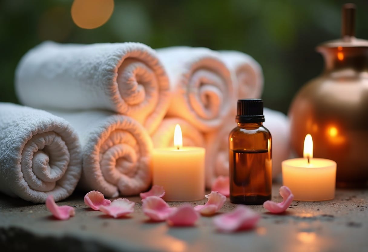 Détail de serviettes blanches, bougies allumées et diffuseur aromathérapie en ambiance spa luxe