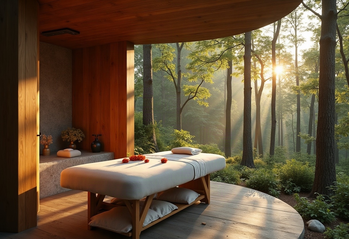 Cabine de soin outdoor en forêt avec table de massage chauffée
