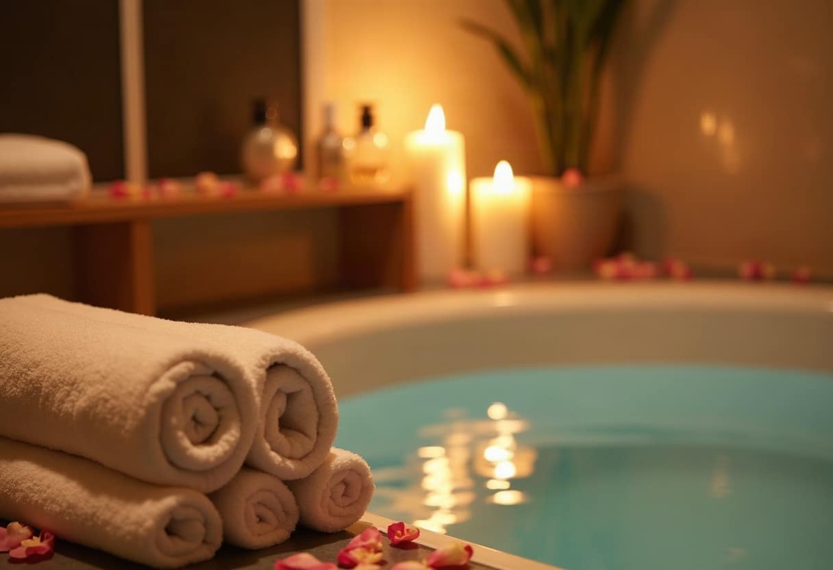 Suite spa privatif avec baignoire balnéo illuminée à la bougie, eau calme et reflets dorés, serviettes blanches et pétales