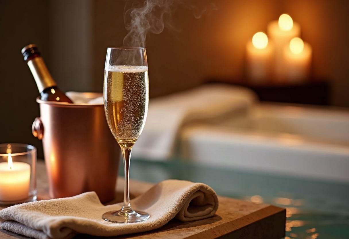 Détail spa haut de gamme : champagne au seau, diffuseur aromathérapie, lumière chaude et dorée, textiles épais